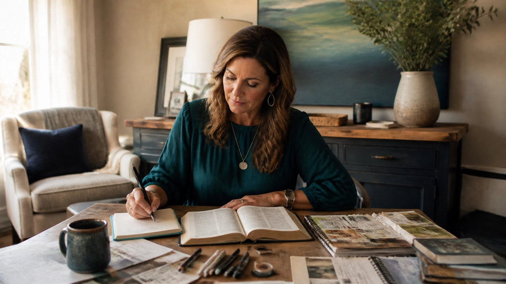 Mujer cristiana estudiando la Biblia en casa con diario y materiales creativos