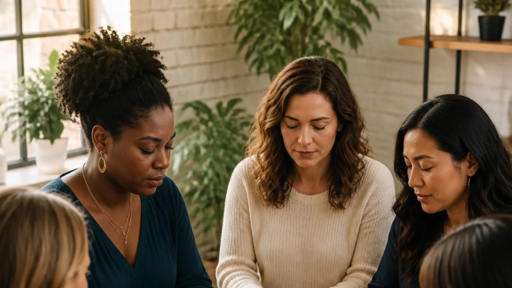 Diverse Christian women gathering around a table for prayerful leadership and planning