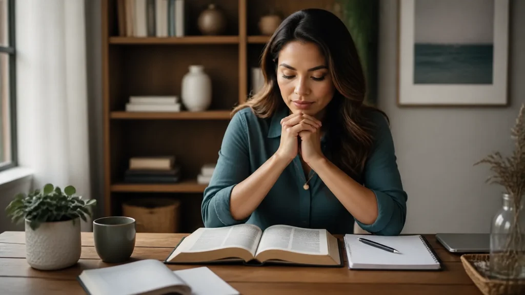 Christian woman entrepreneur praying over a Bible and business plans at a sunlit desk