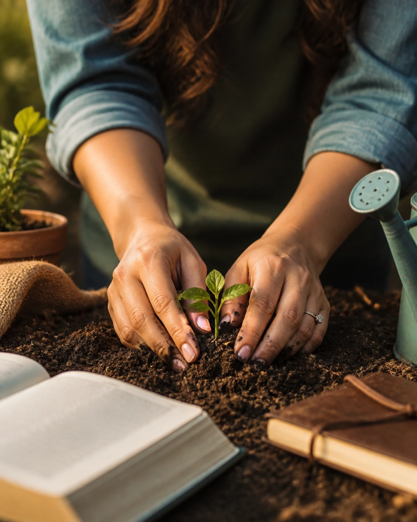 Christian woman planting a seedling beside an open Bible as a symbol of patient spiritual growth