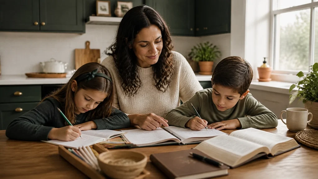 A Christian mother fully present with her children around a family table, with an open Bible and planning journal nearby