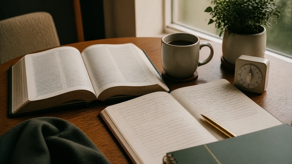 Open Bible and journal in soft natural light on a table, representing quiet reflection in a desert season