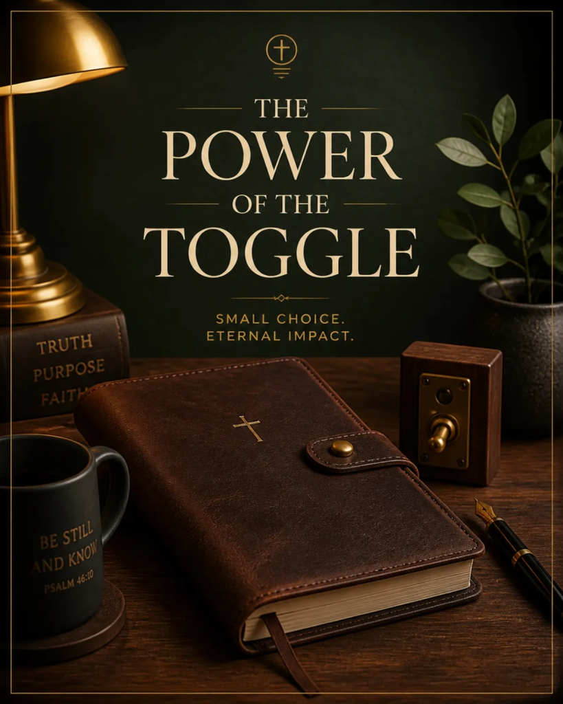 The Power of the Toggle toolkit displayed with a journal, pen, Bible, and candle in a deep evergreen setting