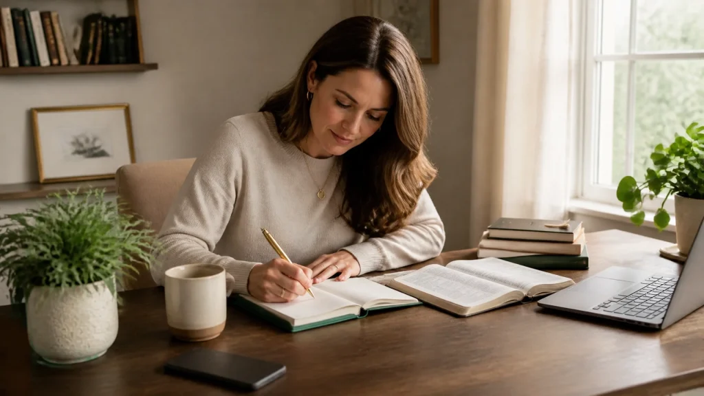A purpose-driven Christian woman focused on writing beside an open Bible, with her phone turned face down