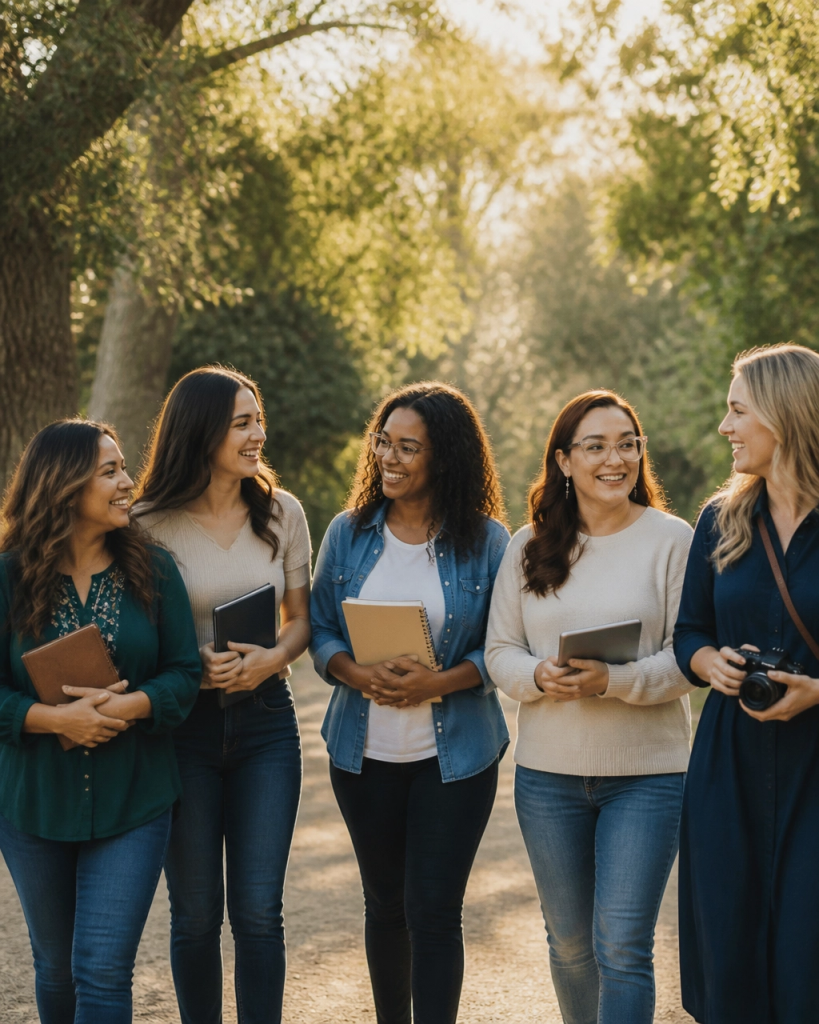 Group of Christian women walking together on a sunlit path with journals and creative materials