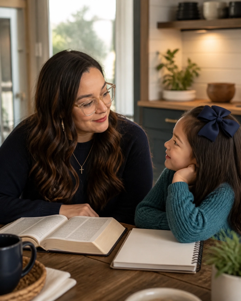 Mother and daughter sitting together with an open Bible at a kitchen table