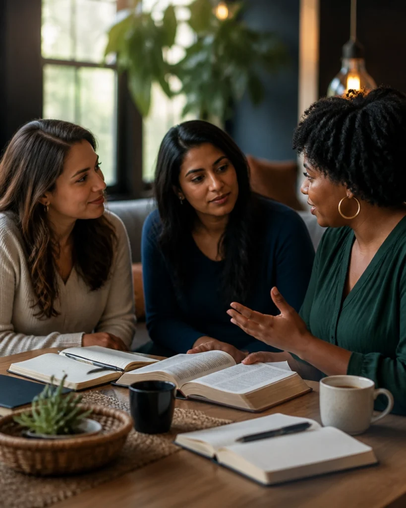 Tres mujeres cristianas de diferentes culturas reunidas con una Biblia y cuadernos en un círculo de mentoría