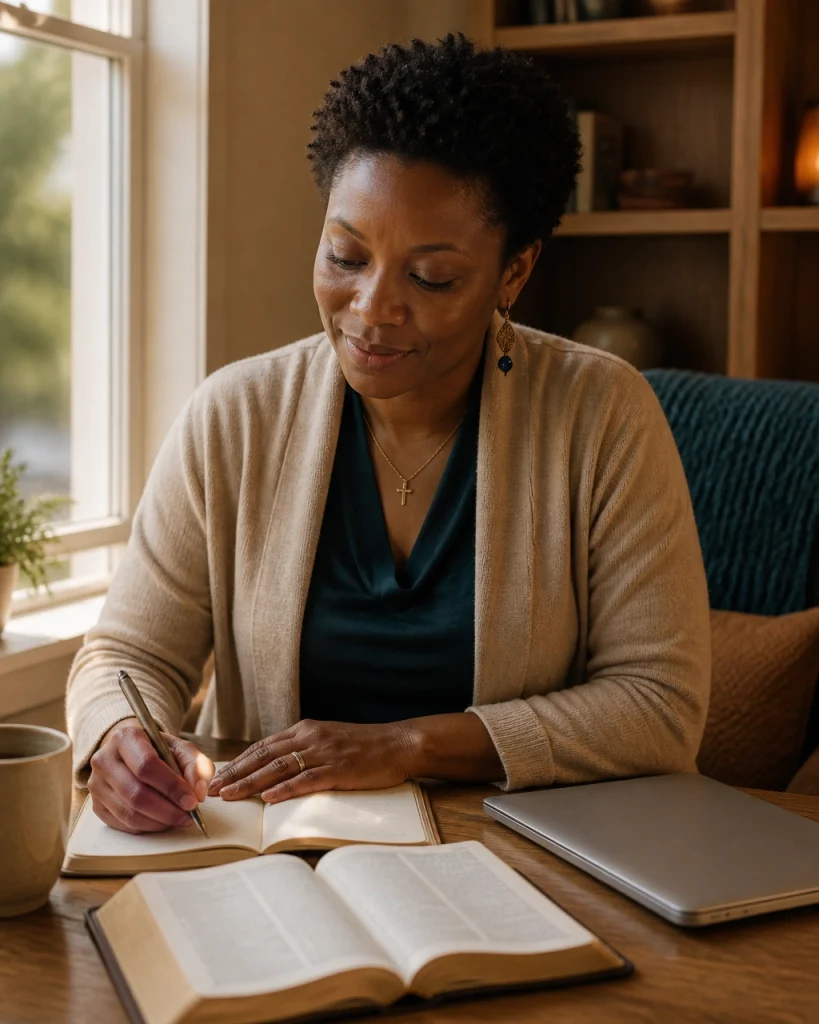 Mujer cristiana emprendedora orando junto a su Biblia durante una temporada de espera espiritual