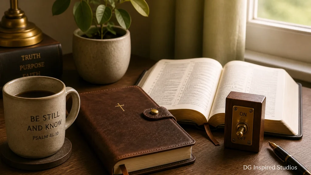 Bible, mug, journal, and toggle switch representing spiritual reflection and purposeful pause