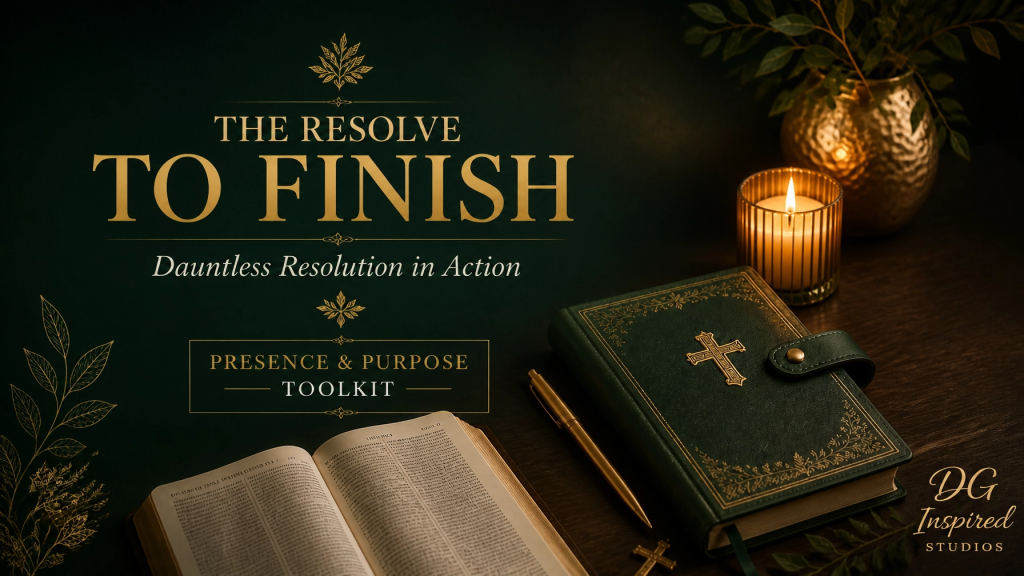 Open Bible, devotional journal, fountain pen, and candle representing faithful perseverance and purpose