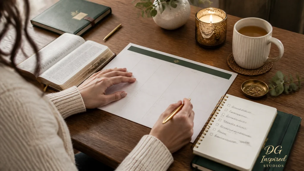Woman planning her week beside an open Bible, journal, and cup of tea