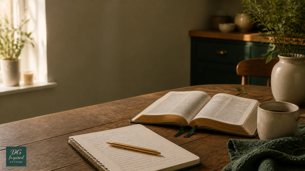Open Bible and journal on a kitchen table representing prayerful obedience and purposeful action