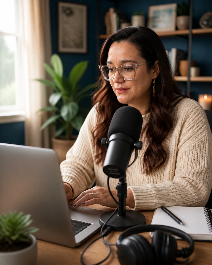 A diverse Christian woman working alone in a home podcast recording setup with a microphone, laptop, and notebook