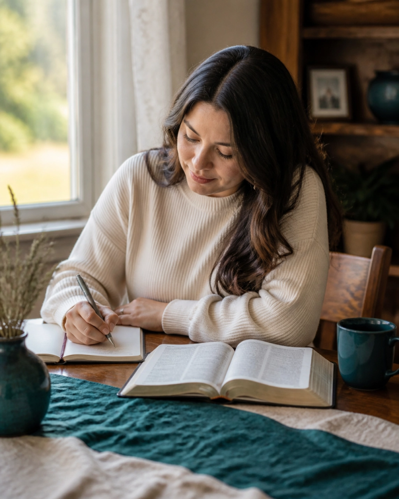 A diverse Christian woman journaling beside an open Bible in soft window light, reflecting on perseverance and purpose