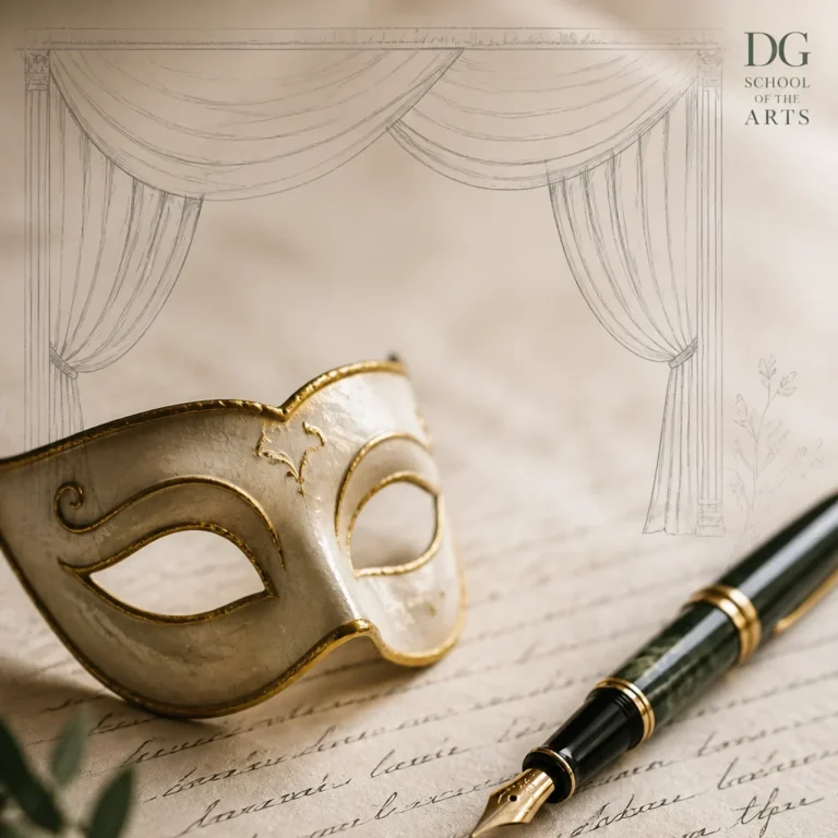 Exploratory theater writing and acting classes Theater symbols mask pen stage writing DG School of the Arts