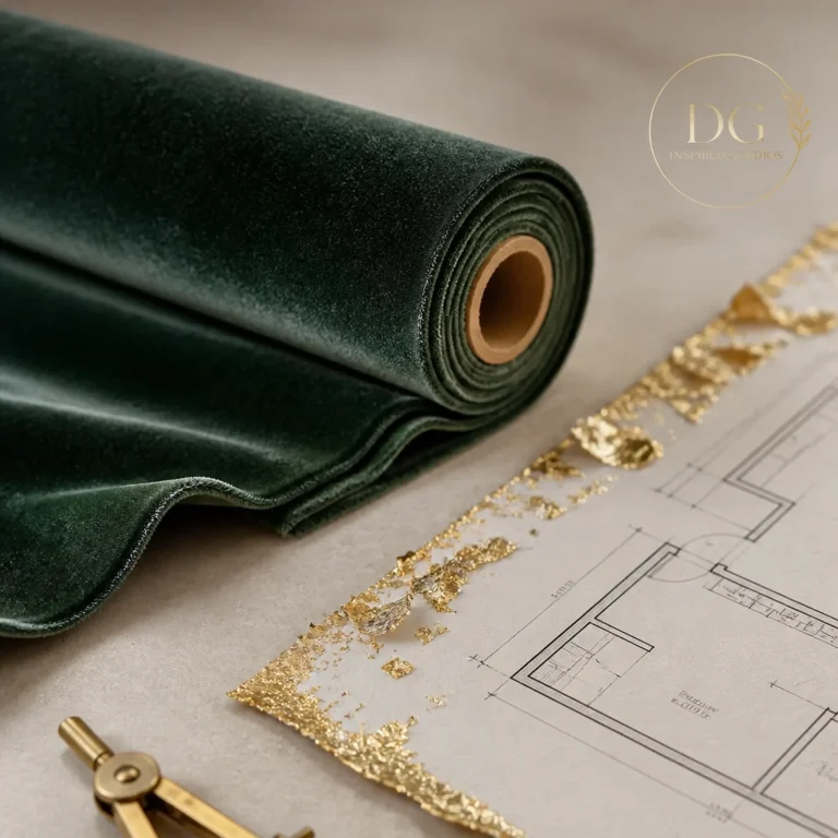 Costume and Design Velvet deep green for costumes and architectural plan in gold DG School of the Arts